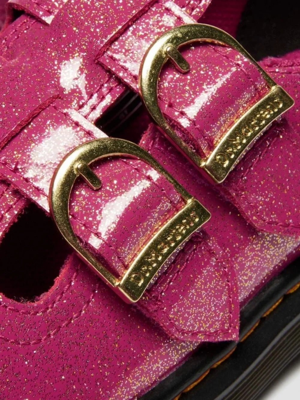 Dr. Martens Women’s 8065 Mary Jane Double Buckle Shoes in Fuchsia Glitter Finish